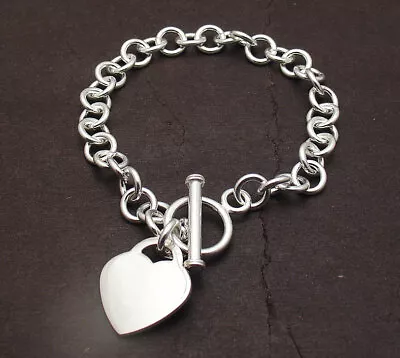 Solid Engravable Heart Tag Bracelet With Toggle Clasp Real 925 Sterling Silver  • $65.80