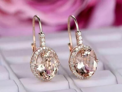 4.00 Ct Oval Created Peach Morganite Dangle Earrings 14K Rose Gold Plated Silver • $77.99