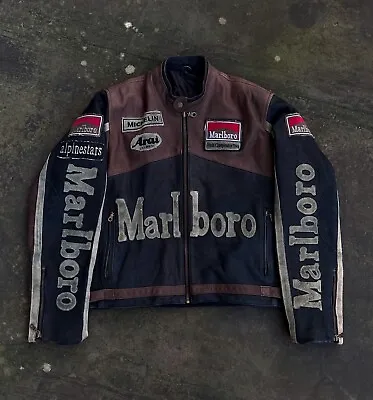 Rare Vintage 90's MARLBORO NASCAR Leather Patched Biker Jacket Brown Hype Sz XL • $1146.65