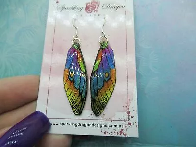 Yellow Blue Rainbow Dragonfly Wing Butterfly Earrings Whimsical Jewellery • $24