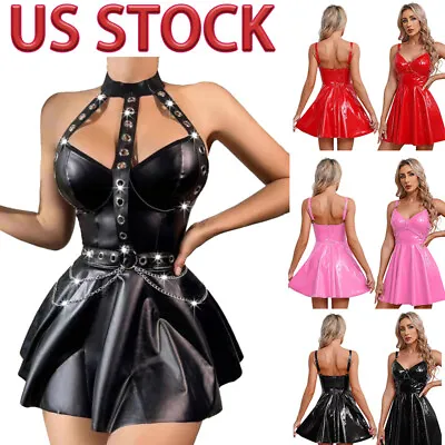 US Women's Leather Dress A-Line Ruffle Mini PU Dresses Sexy Steampunk Clubwear • $6.61