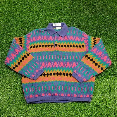 Vintage 90s Benetton Shetland-Wool Sweater L-Short 22x25 Colorful Abstract ITALY • $148.62