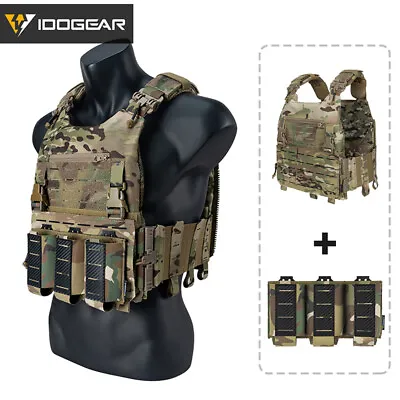 IDOGEAR Tactical Vest Airsoft Plate Carrier MOLLE W/ 556 Triple Mag Pouch Gear • £104.28