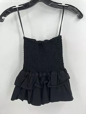 Majorelle Womens Black Classic Ruffle Smocked Spaghetti Strap Crop Tank Top XS • $34.99