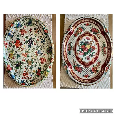 VINTAGE~2 Pc SET Daher Decorated Ware Tin Platter Tray England Large Floral Oval • $40