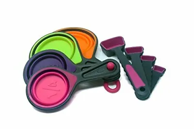 Collapsible Silicone Measuring Cups And Plastic Spoons 8 Piece Set | Multi-Color • $11.95