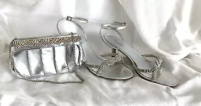 FAITH Silver W/Diamante Low Heel Shoes Size UK 7 Boxed  & Matching Handbag • £9.99