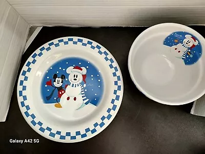 Disney China 9' Plate And 6  Bowl. Mickey Mouse With Cute Snowman. No Chips. • $22.99