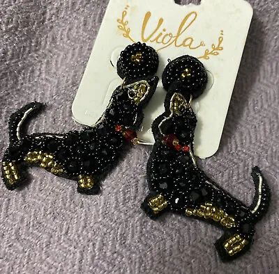 Dachshund Dog Earrings-seed Bead Black Dangle NWT • $9.49