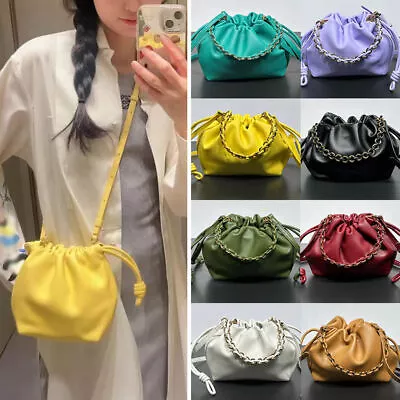 Small Ruched Real Leather Purse Drawstring Bucket Pouch Clutch Crossbody Fashion • $99