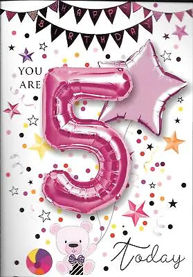 GIRLS 5th BIRTHDAY CARD - AGE 5 - CONTAINS 2 X 30cm PINK FOIL BALLOONS  • £2.49