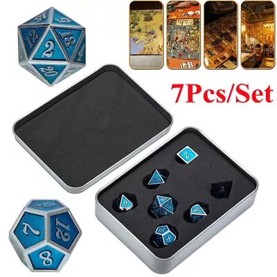 7Pcs/Set Metal Polyhedral Dice DND RPG MTG Role Playing And Tabletop Game Blue • $14.58