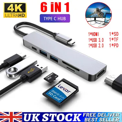 6 In 1 Type C To HDMI Adapter USB 3.0 PD Hub 4K For MacBook Pro Air IMac IPad UK • £8.89