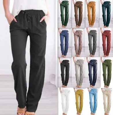 Womens Cotton Linen Trousers Solid Casual Elastic Waist Bottoms Pants UK Size • £10.59