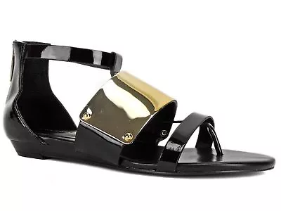 BCBGeneration Women's Angelika Gladiator Flat Thong Sandal Black Patent Size 6 M • $49