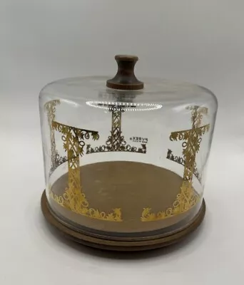 Vtg Pyrex Cheese Tray Cake Glass Dome Wood Base Gold Pattern Design Display 6  • $14.99