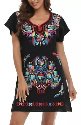 Women Mexican Embroidered Fiesta Dress V Neck Dress Short Sleeve Size XXL • $29.99