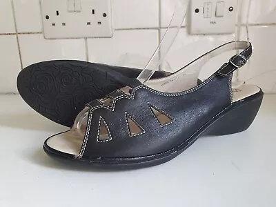 Padders Loren Designer Uk 6 Eu 39 Womens Black Leather Low Wedge Summer Sandals • £17.99