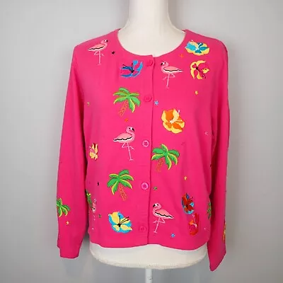 Michael Simon Lite  Pink Vacation Spots Travel Cardigan Top Sz L Flamingo Palm • $39.95