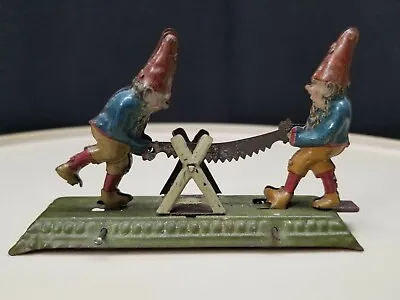 Vintage Gnomes Sawing German Mechanical Tin Penny Toy • $340