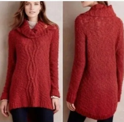 Anthropologie Moth Red Orange Boucle Button Cowl Neck Oversized Sweater Medium • $40