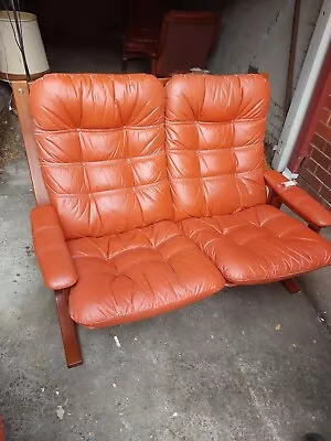 Vintage Retro DANISH DELUXE Leather Twin Couch Seater Arm Char Mid Parker Fler • $280