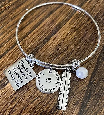 Teacher Gift Silver Bangle Charm Bracelet Math Ruler Pearl “Love Inspire Teach” • $5