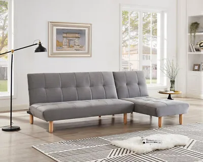3 Seater Sofa Bed Chaise Fabric Grey  Velvet Tuft Backrest Wooden Leg Clic-Clac • £299.99