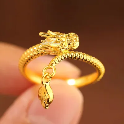 999 Pure 24K Yellow Gold Ring For Women Men 3D Light Dragon Ring US 5-9 • $219.68