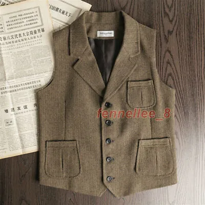 Mens Retro Wool Tweed Herringbone Vest Lapel Waistcoat Gilet Suits Formal Tops • $39.23