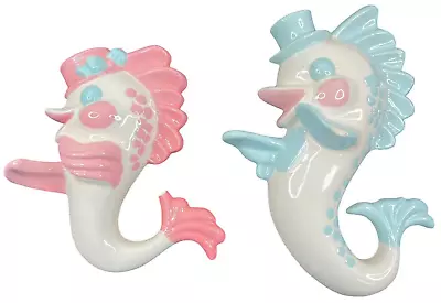 2 Vintage Anthropomorphic Fish Blue Pink In Hats Kitschy Wall Hangings DAMAGED • $22.45