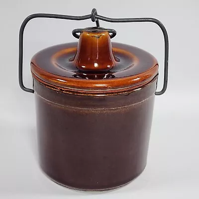 Vintage Brown Stoneware Cheese Crock With Lid And Locking Wire Bail • $14