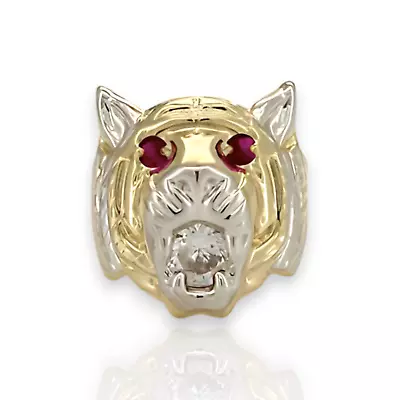 Textured Tiger Head Ruby Eyes CZ Yellow Gold Ring - 10K Yellow Pave • $334.99