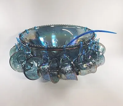 Vintage Blue Carnival Glass Princess Punch Bowl Set Indiana Glass Iridescent • $125