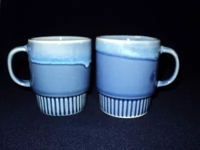 Drip Glaze Blue Coffee  Mugs X 2 Retro Stackable Vintage • $15