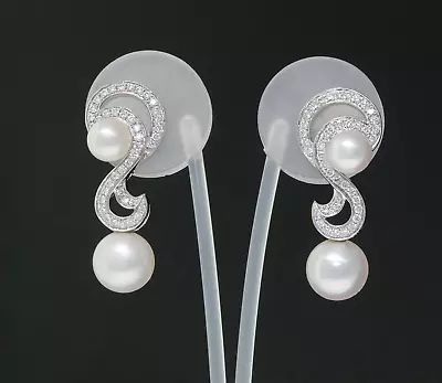 Mikimoto South Sea Pearl Diamond S-Shaped Swirl 18KWhite Gold Drop Earrings • $4760.10