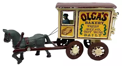 Antique Vtg Cast Iron Horse Drawn Delivery Wagon Cart Olgas Bakery Toy • $49.99