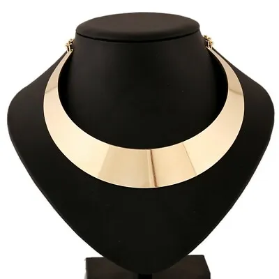 Gold Choker Necklace Metal Statement Thick Festival Party Shiny Collar Big Large • £5.99