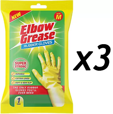 3 X Elbow Grease Rubber Gloves Kitchen Bathroom Super Strong Cotton Lined Medium • £6.90