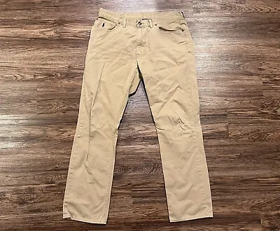 Polo Ralph Lauren Khaki Leather Patch Flat Front Pants Mens Slim Fit Size 38x32” • $29.99