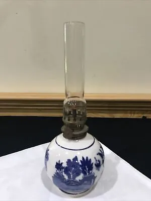 Rare Blue White Delft Victorian Miniature Oil Lamp Sail Boat Village 8.5” • $40.49