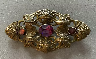 Vintage Antiqued Gold Tone Openwork Brooch W/ Purple Rhinestones 050124 • $19.99