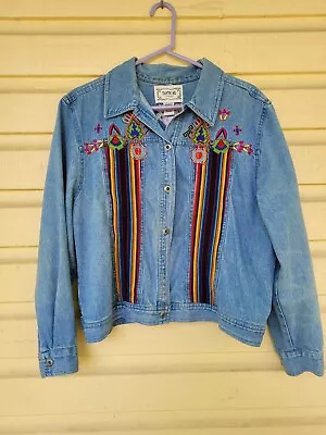 Vintage 90s Bedford Fair Tantrums Rainbow Embroidered Denim Jacket Women’s SZ L • $17