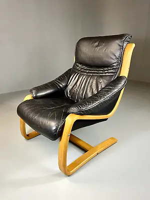 EB6223 Vintage Danish Lounge Chair Bentwood Leather Cantilever Retro MCM MBEN • £275