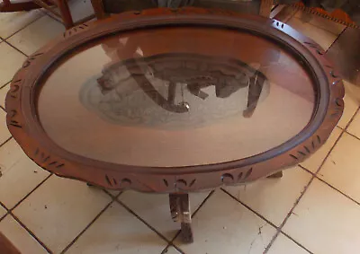 Carved Walnut Castle Scene Coffee Table With Serving Tray  (CT-234) • $499