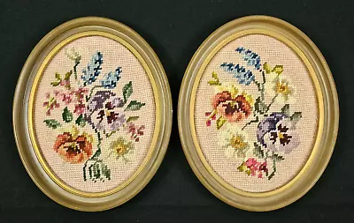 2 Oval Vintage Framed Needlepoint Handmade Floral Flowers 10  X 8  Wood Frame • $8