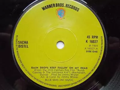 Sacha Distel Rain Drops Keep Falling On My Head 7  Warner Bros K16027 EX 1969 Ra • £8.51