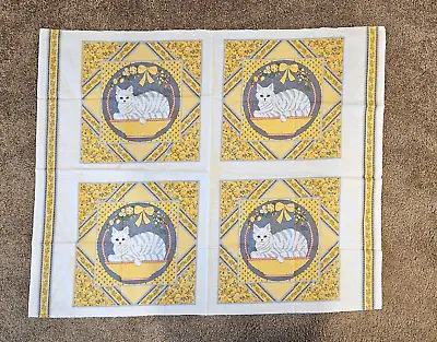 Vintage Cat In A Basket Yellow Print Quilt Fabric Four 15” Design Panels • $7