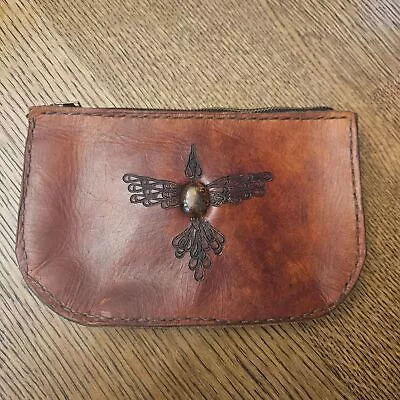 VTG Amber Stone Phoenix Leather Hand Stitched Pouch 7x5 • $45