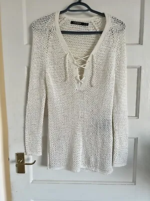 Ralph Lauren Cable Knit Crochet Lace Up Top Jumper Cream Size XS • £25